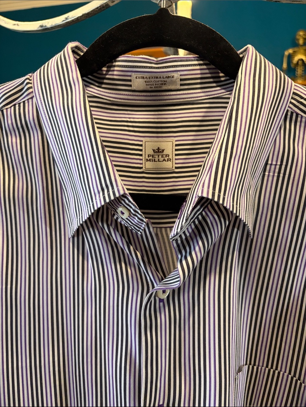 Peter Millar Striped Dress Shirt in Purple, Black & White